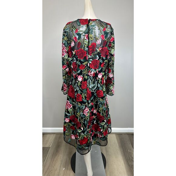 NWT TERI JON Floral-embroidered Illusion Midi-dress In Black Multi US18 $650 - Picture 10 of 11